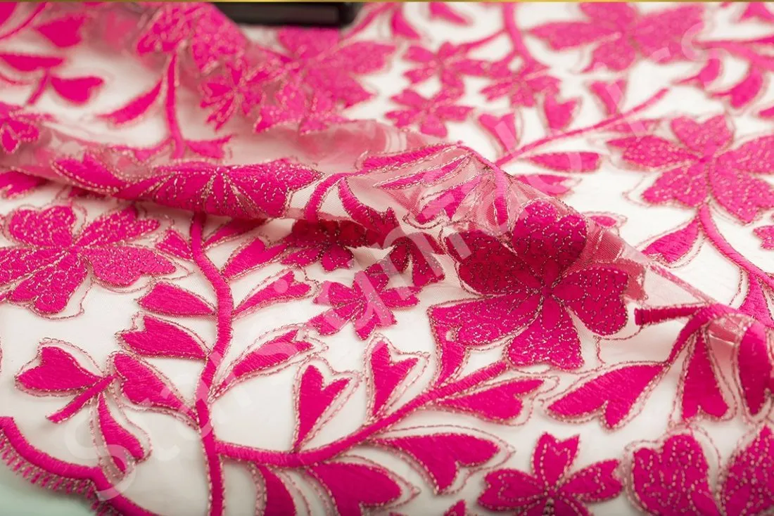 Floral Shimmer Metallic Thread Embroidered Fabric
