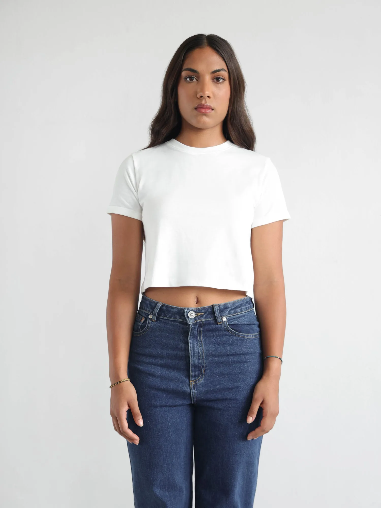 Folded Sleeved Crop T Shirt