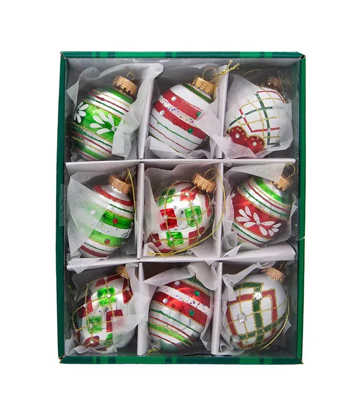 Glass Red & Green Decorated Egg Ornaments - 9 Piece Box