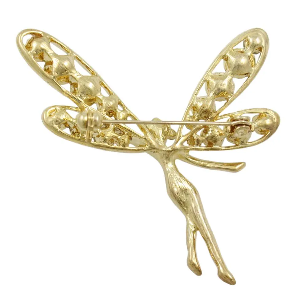 Gold and Crystal Fairy with Large Wings Brooch Pin - PRF271