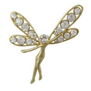 Gold and Crystal Fairy with Large Wings Brooch Pin - PRF271