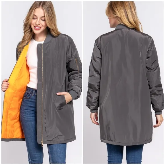 Gray Long Line Bomber Jacket