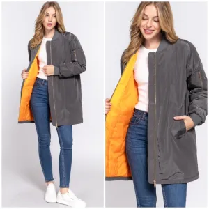 Gray Long Line Bomber Jacket