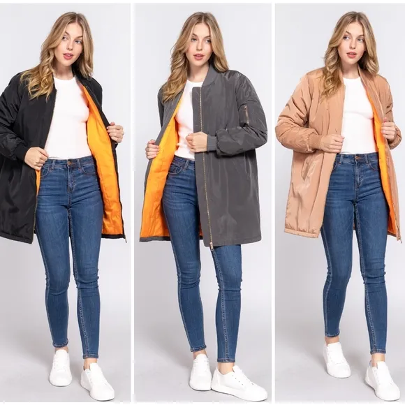 Gray Long Line Bomber Jacket