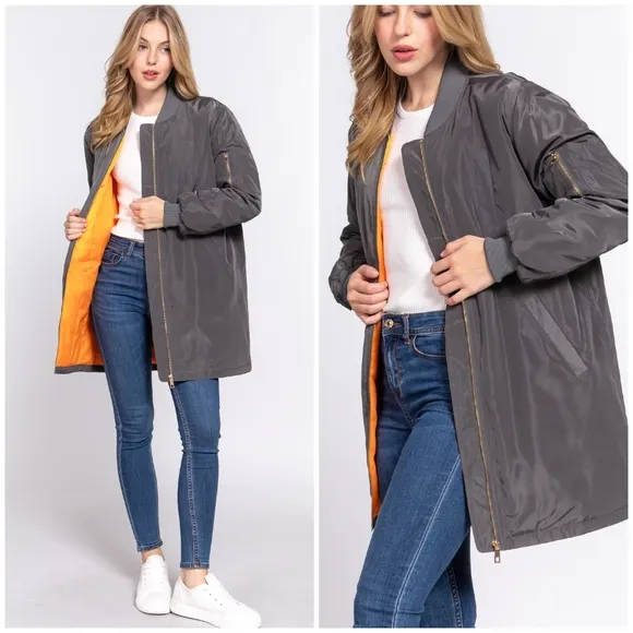 Gray Long Line Bomber Jacket
