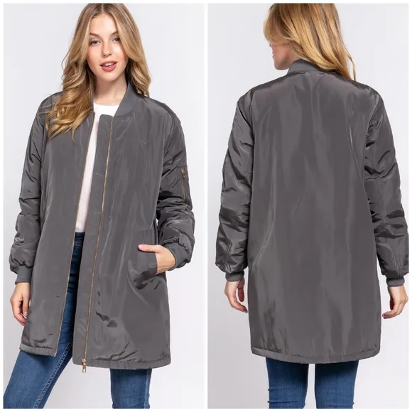 Gray Long Line Bomber Jacket