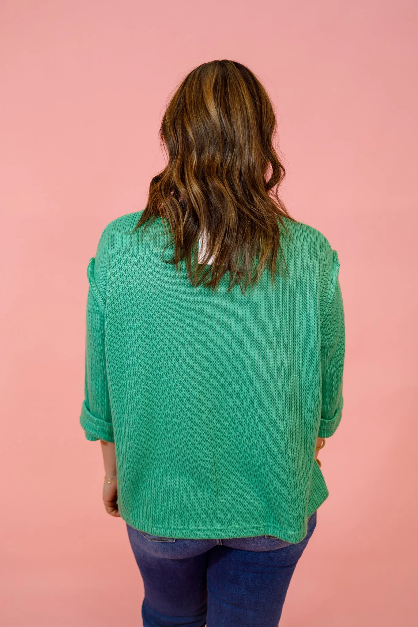 Green Ribbed Folded Sleeve Top