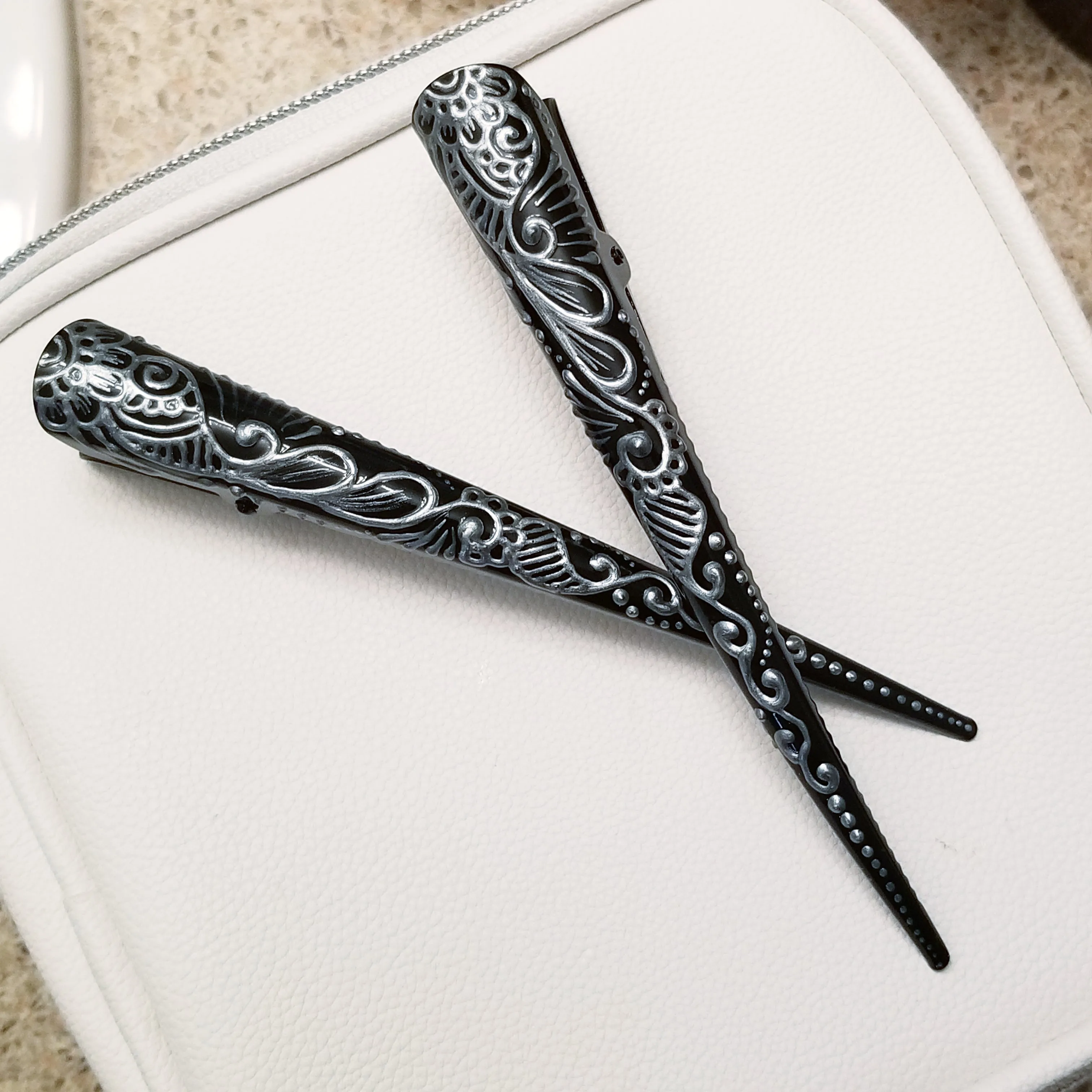 Hand Decorated Henna Style Metal Beak Clips - pair