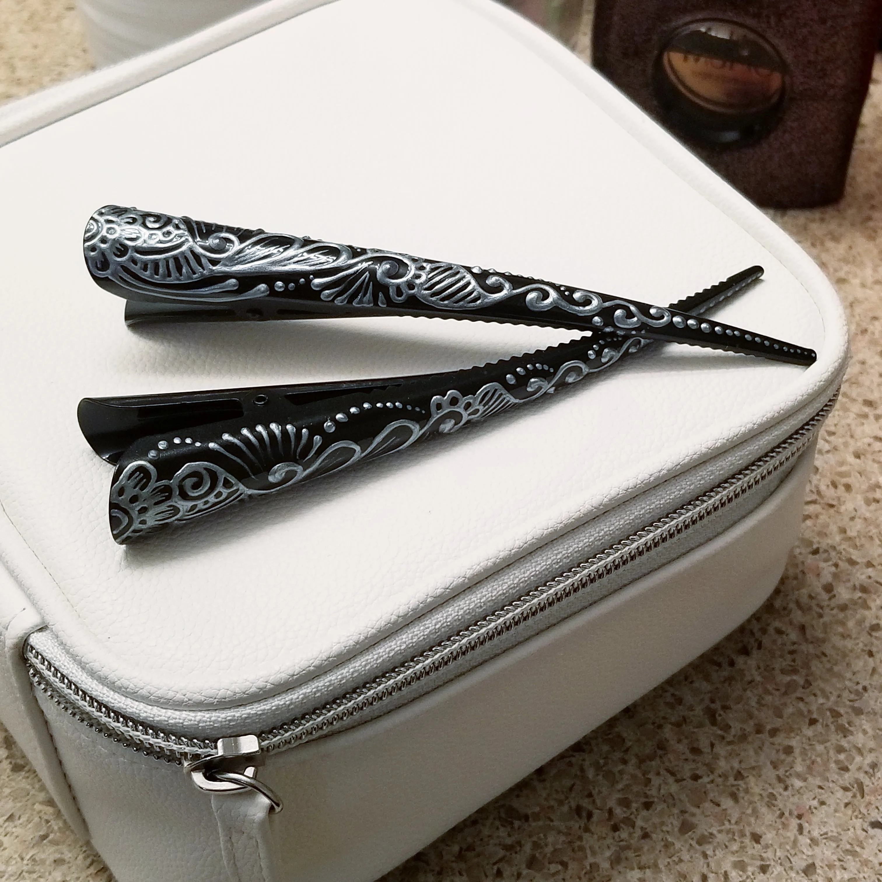 Hand Decorated Henna Style Metal Beak Clips - pair