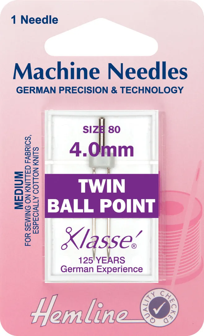 Hemline Sewing Machine Needles Ball Point Twin - 4.0mm