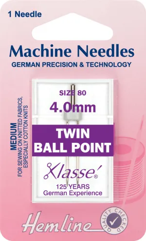 Hemline Sewing Machine Needles Ball Point Twin - 4.0mm