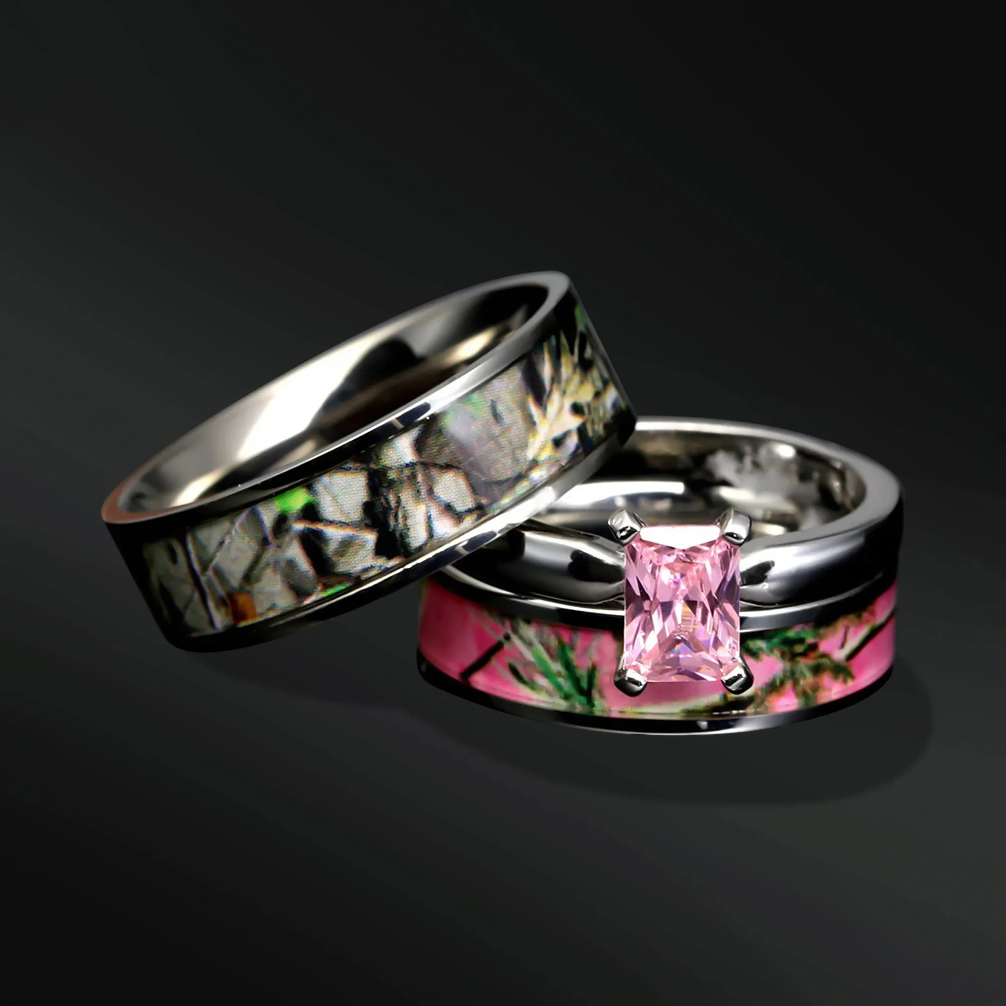 His & Hers 3 piece Camo Wedding Ring Set Sterling Silver Titanium Stainless Steel