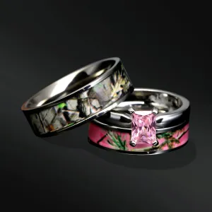 His & Hers 3 piece Camo Wedding Ring Set Sterling Silver Titanium Stainless Steel