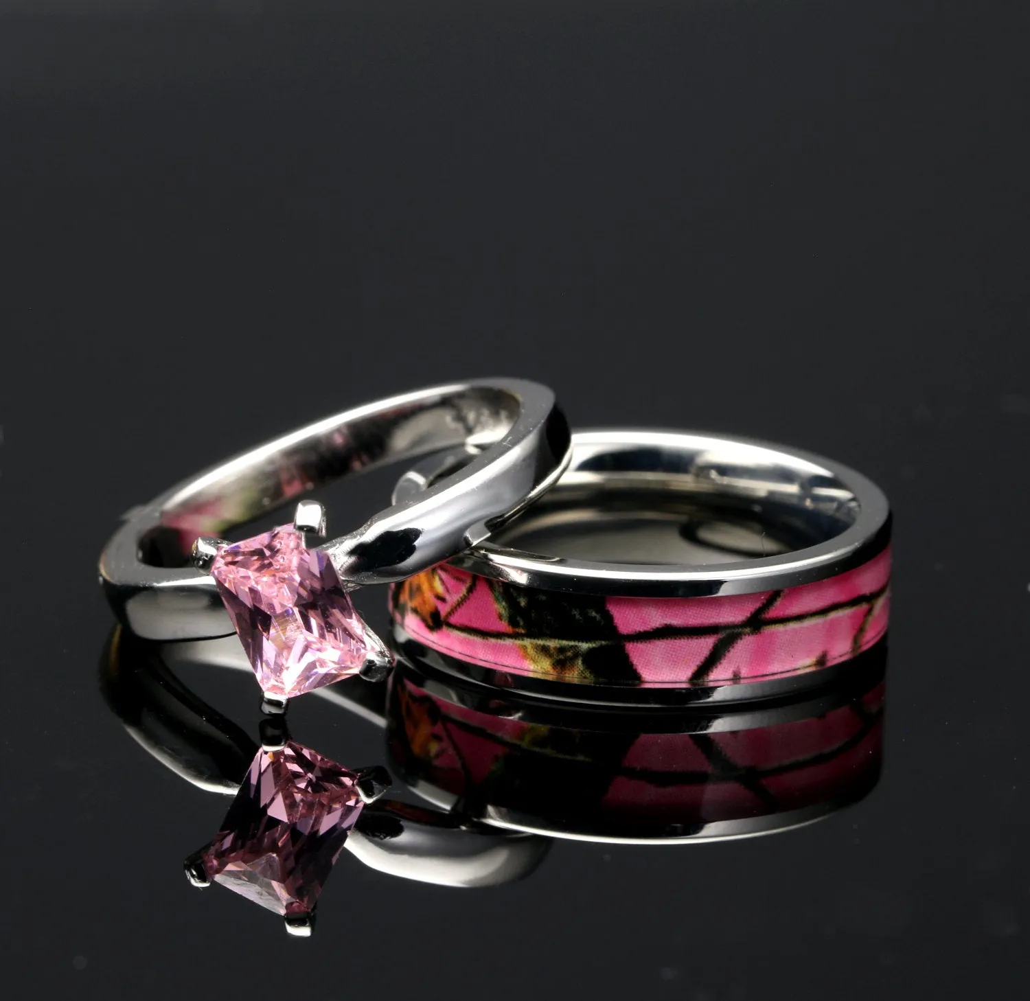 His & Hers 3 piece Camo Wedding Ring Set Sterling Silver Titanium Stainless Steel