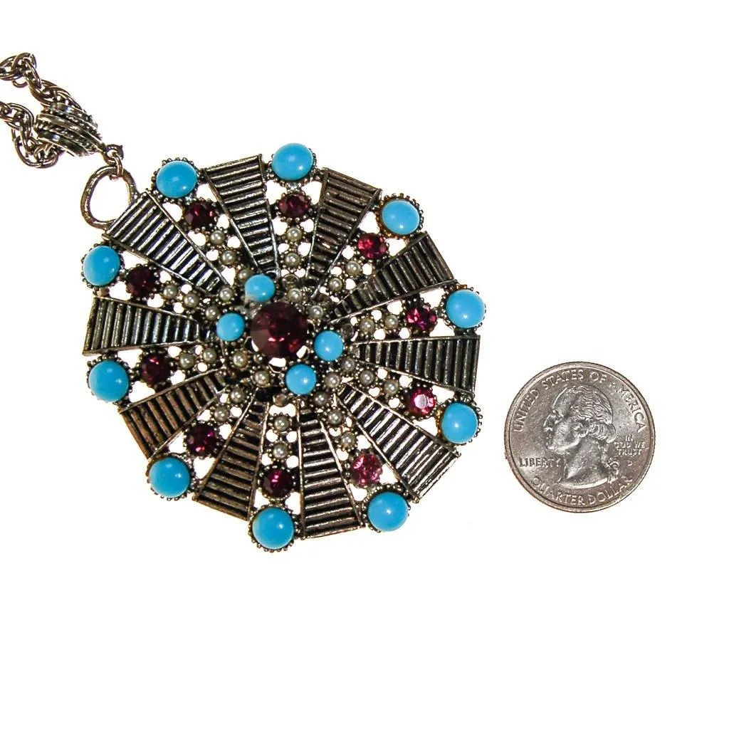 Hollycraft Pendant Necklace, Turquoise and Amethyst Rhinestones, Seed Pearls, Long Pendant