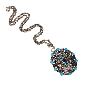Hollycraft Pendant Necklace, Turquoise and Amethyst Rhinestones, Seed Pearls, Long Pendant