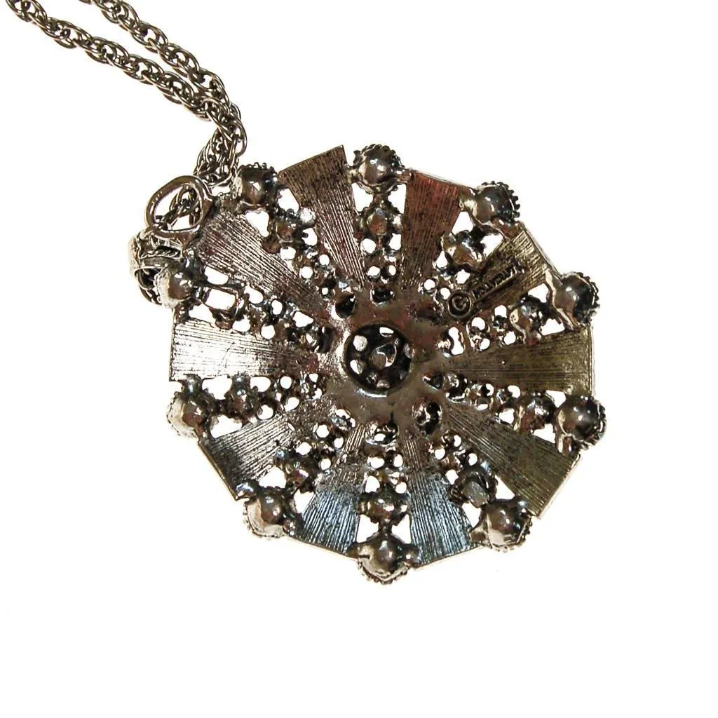 Hollycraft Pendant Necklace, Turquoise and Amethyst Rhinestones, Seed Pearls, Long Pendant