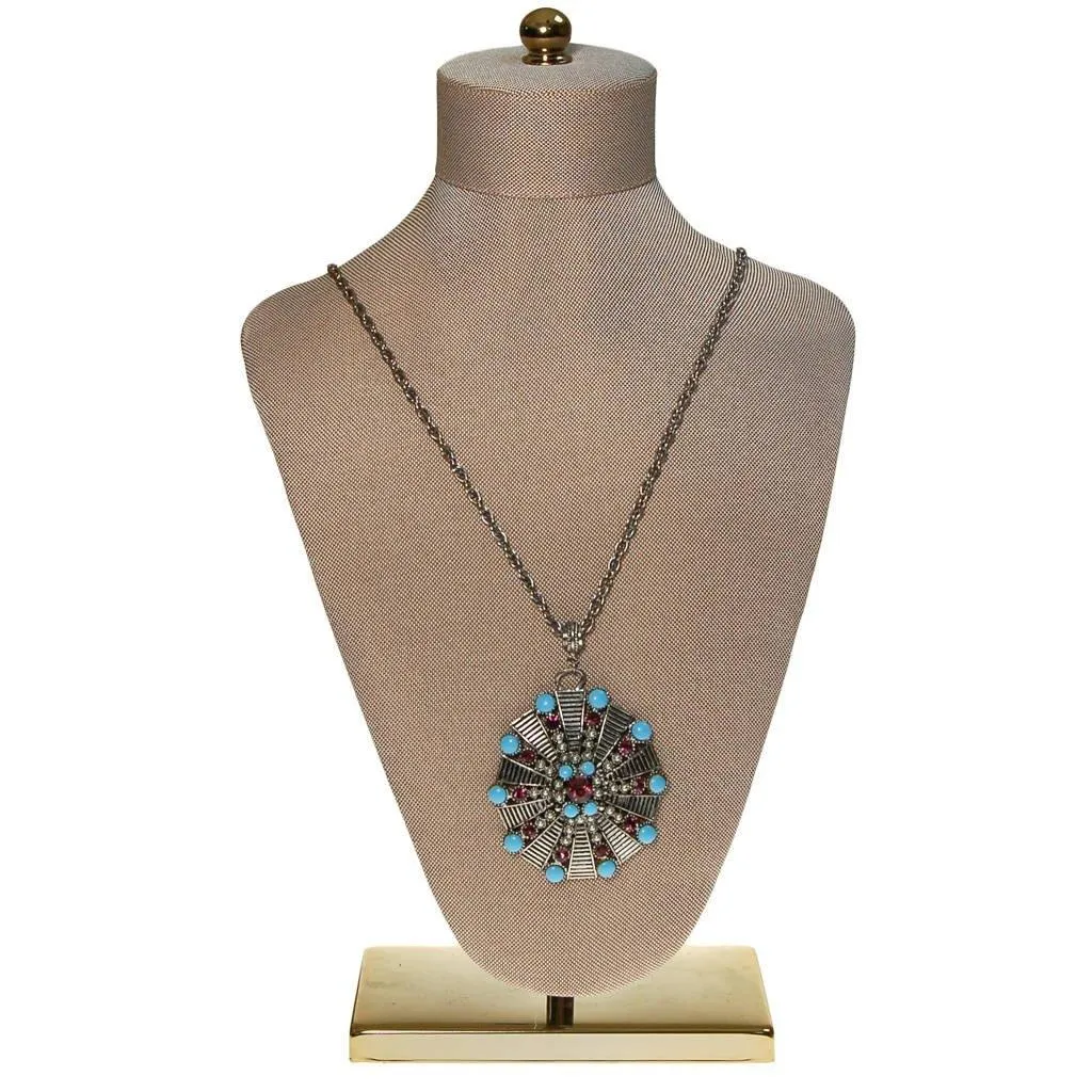 Hollycraft Pendant Necklace, Turquoise and Amethyst Rhinestones, Seed Pearls, Long Pendant