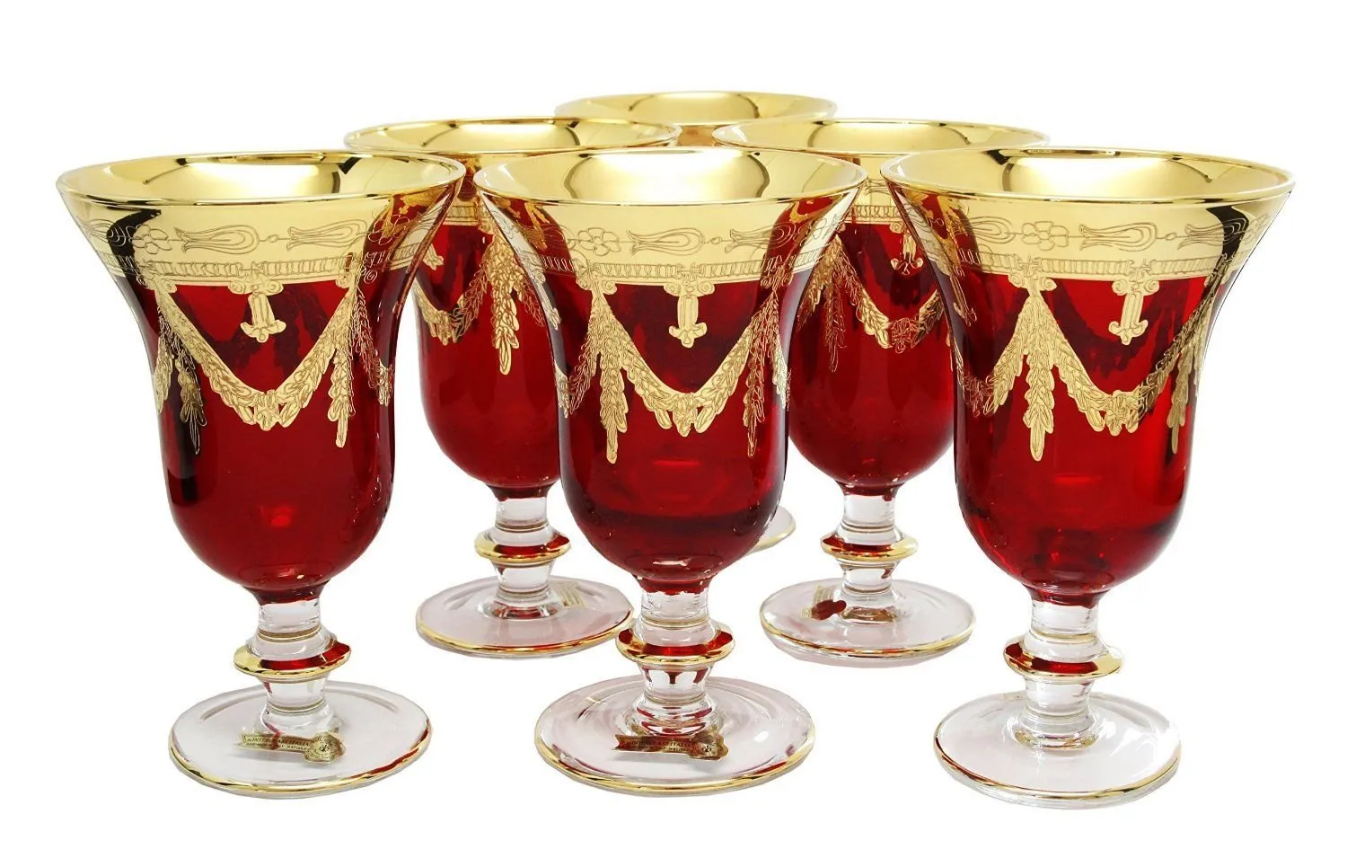 Interglass Italy Red Crystal Wine Glasses, 24K Gold-Plated (Wine Goblets) Set of 2, 6, or 12