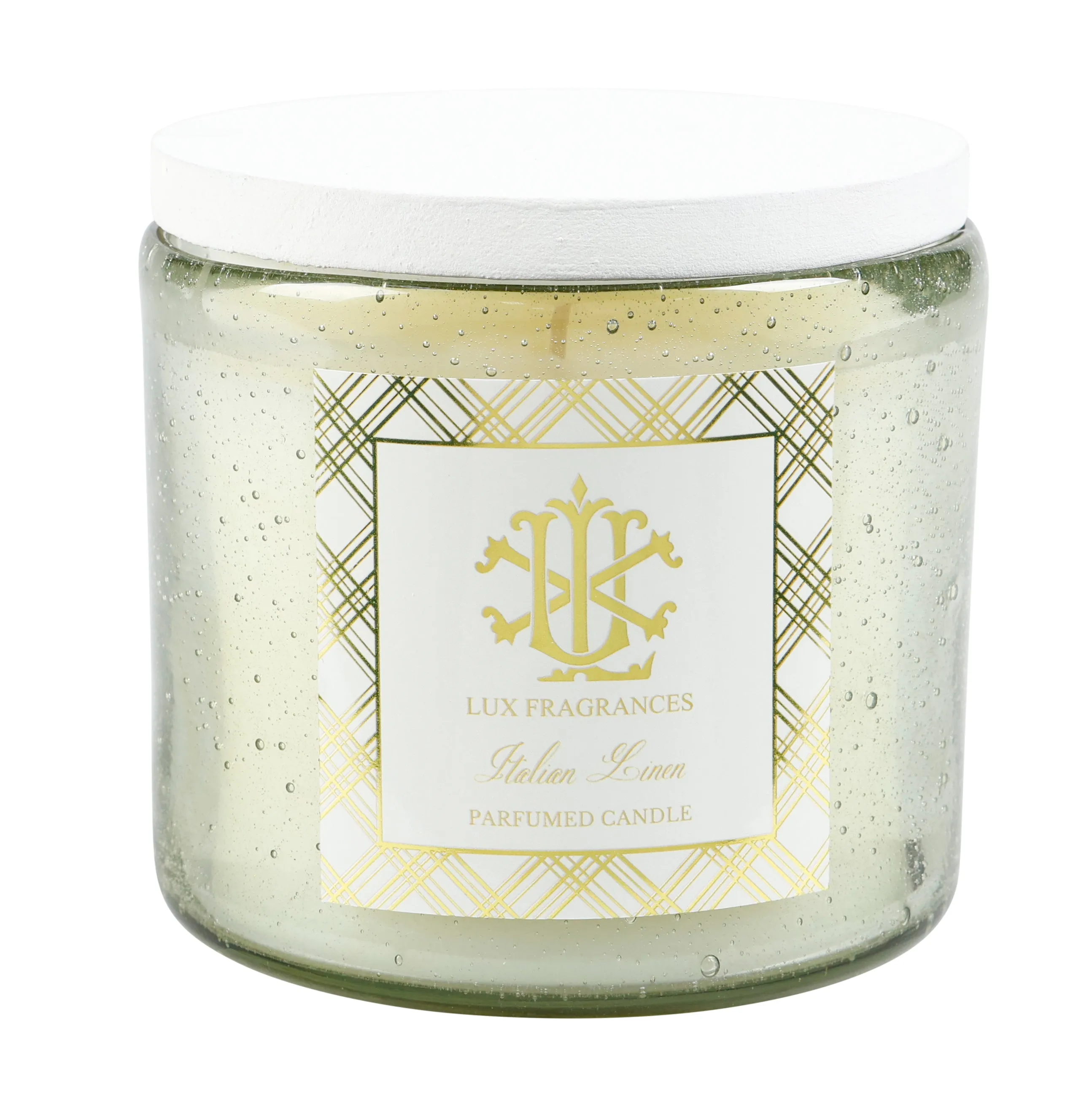 Italian Linen 12oz Clear Glass with White Lid Candle min 3