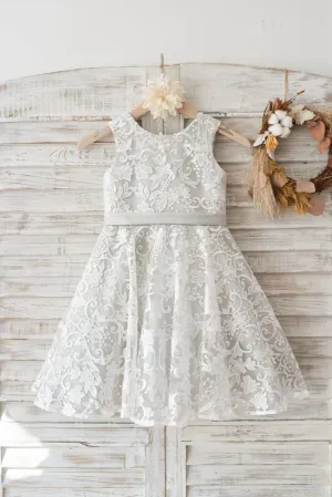 Ivory Lace Deep V Back Silver Lining Wedding Flower Girl Dress, Bow