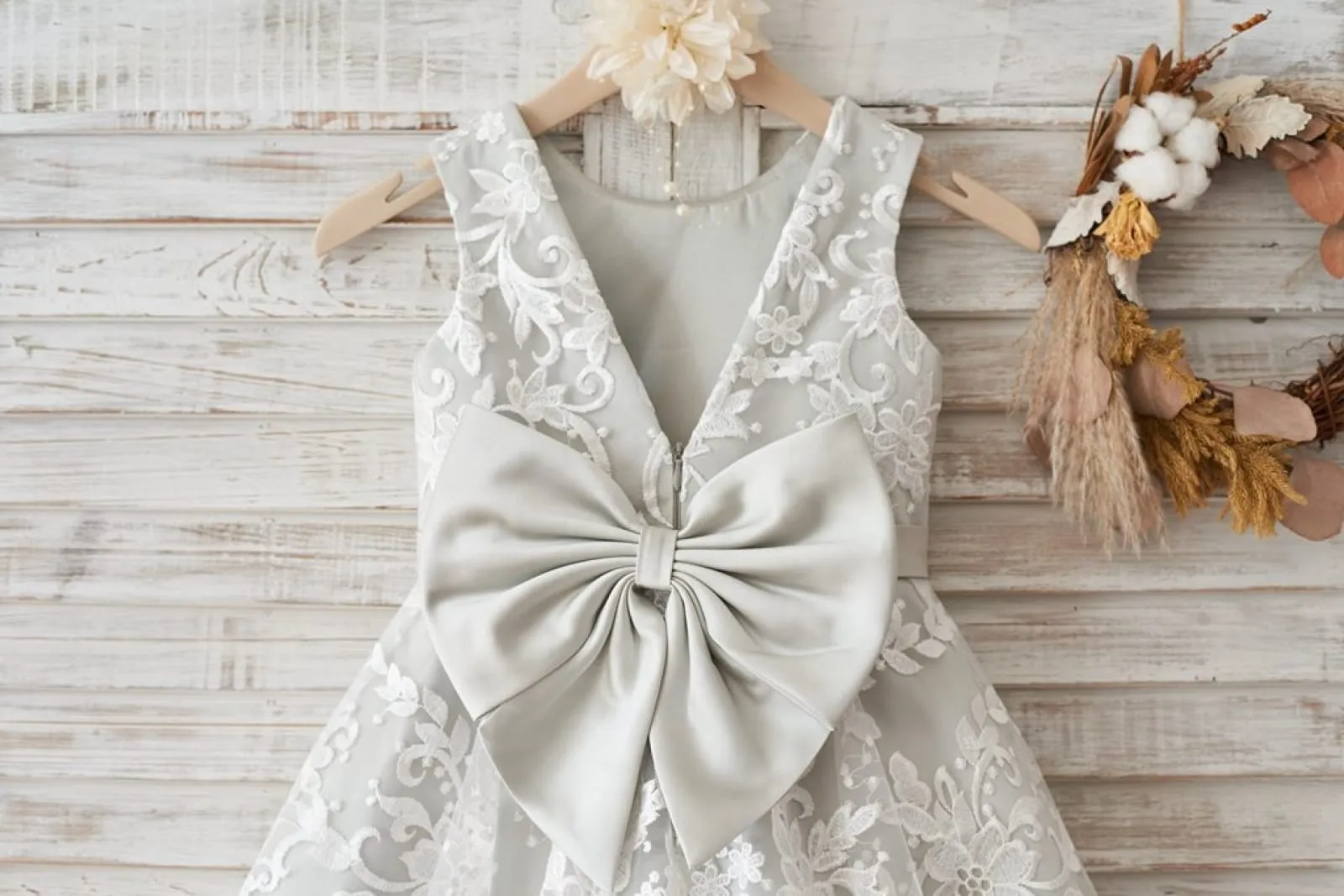 Ivory Lace Deep V Back Silver Lining Wedding Flower Girl Dress, Bow