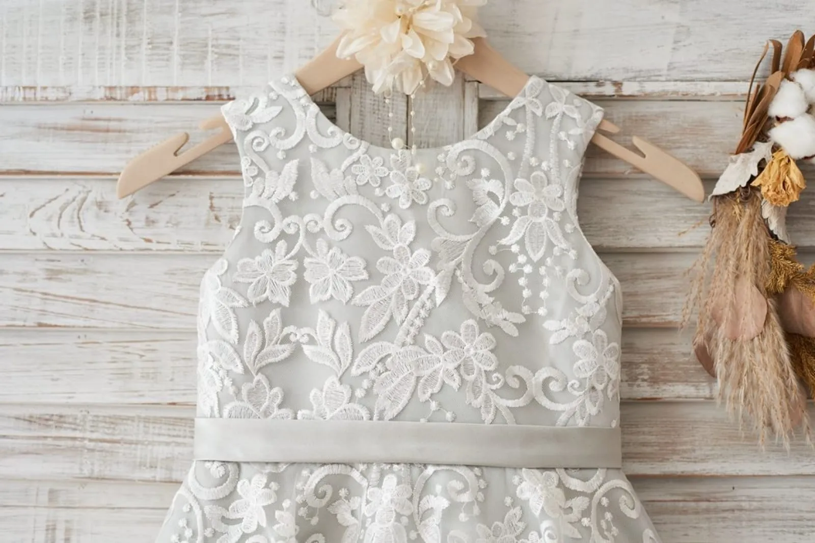 Ivory Lace Deep V Back Silver Lining Wedding Flower Girl Dress, Bow