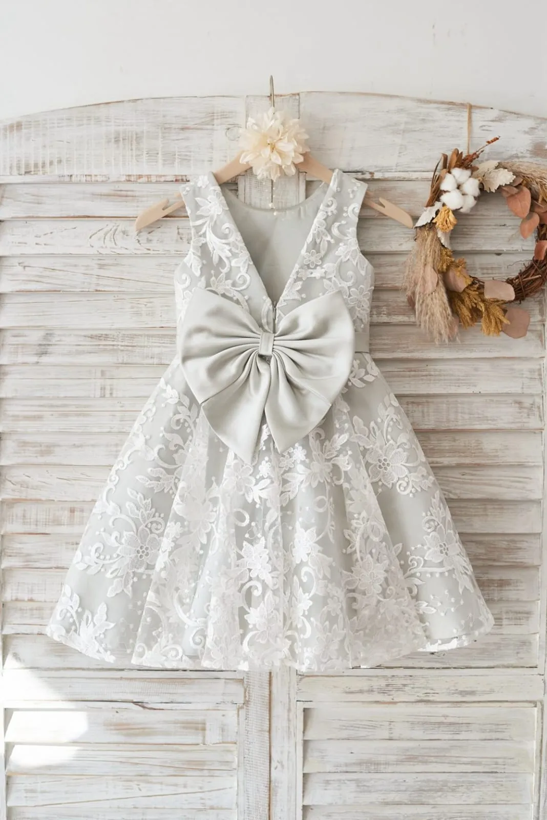 Ivory Lace Deep V Back Silver Lining Wedding Flower Girl Dress, Bow