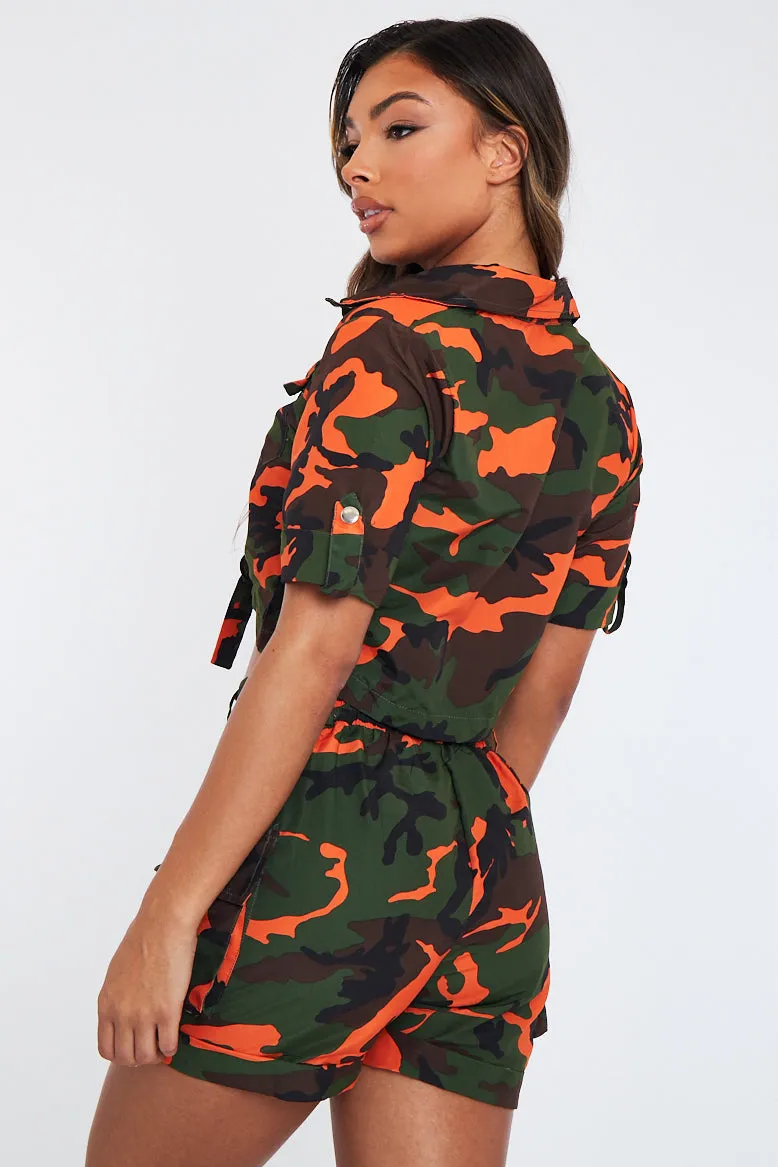 Khaki Orange Camo Button Front Utility Shirt & Shorts Set - Galia