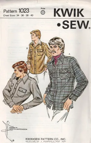 Kwik Sew 1023 Mens Classic Button Front Shirts 1970s Vintage Sewing Pattern Size 34 -40 UNCUT Factory Folded