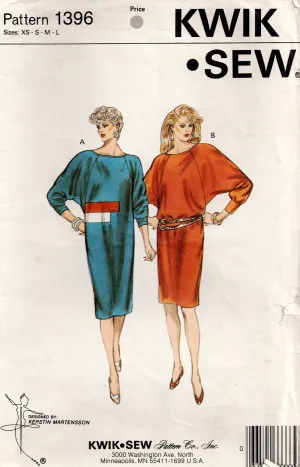 Kwik Sew 1396 EASY Womens Stretch Pullover Raglan Sleeved Dress 1980s Vintage Sewing Pattern Size XS - L UNCUT Factory Folded