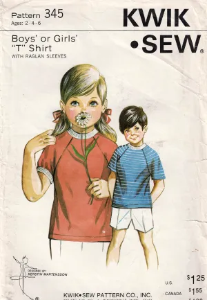 Kwik Sew 345 Toddler Boys or Girls Stretch Raglan Sleeved T Shirt 1970s Vintage Sewing Pattern Size 2 - 6 UNCUT Factory Folded