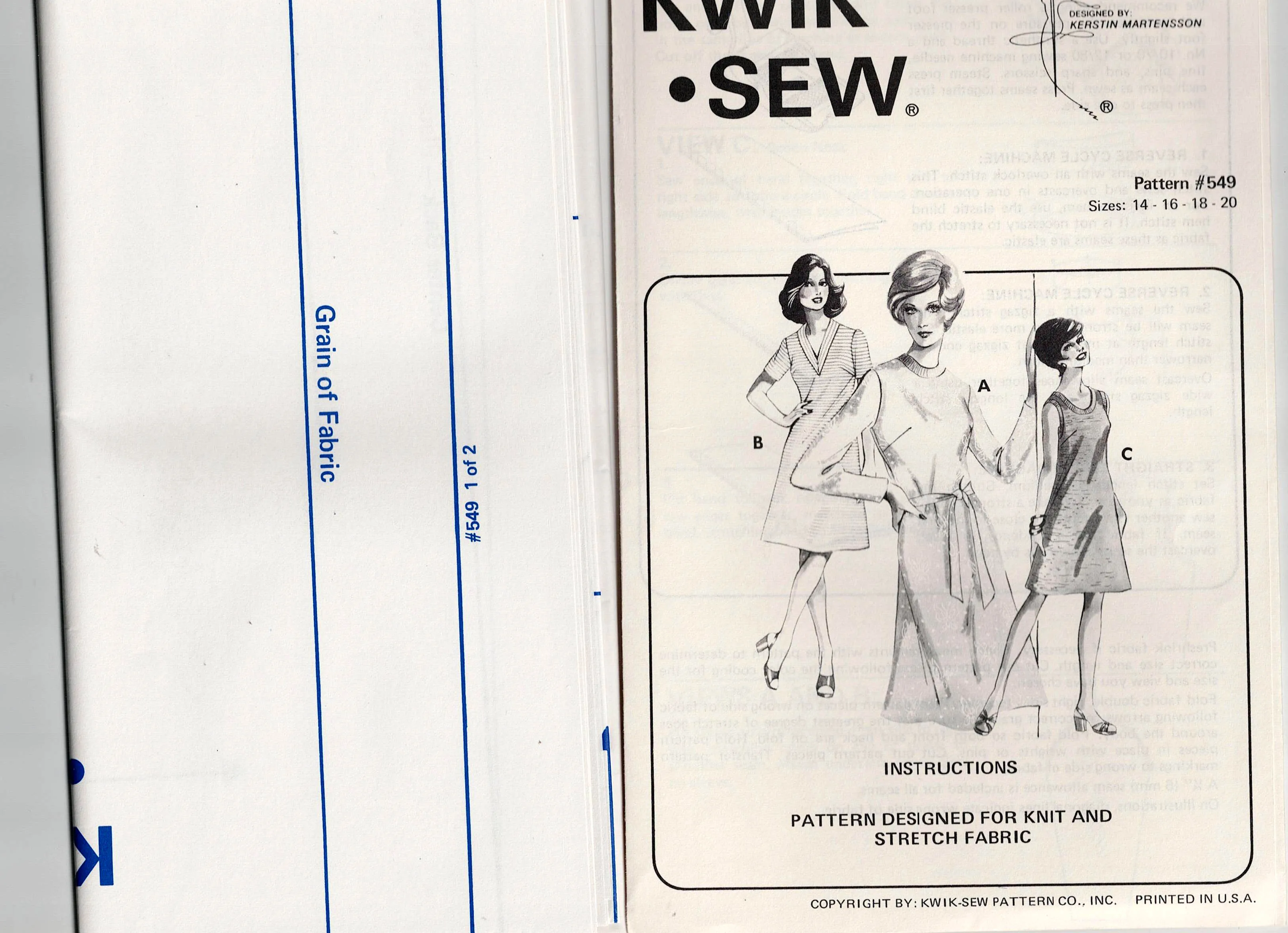 Kwik Sew 549 Womens Stretch T Shirt Dresses 1970s Vintage Sewing Pattern Bust 38 - 43 inches UNCUT Factory Folded