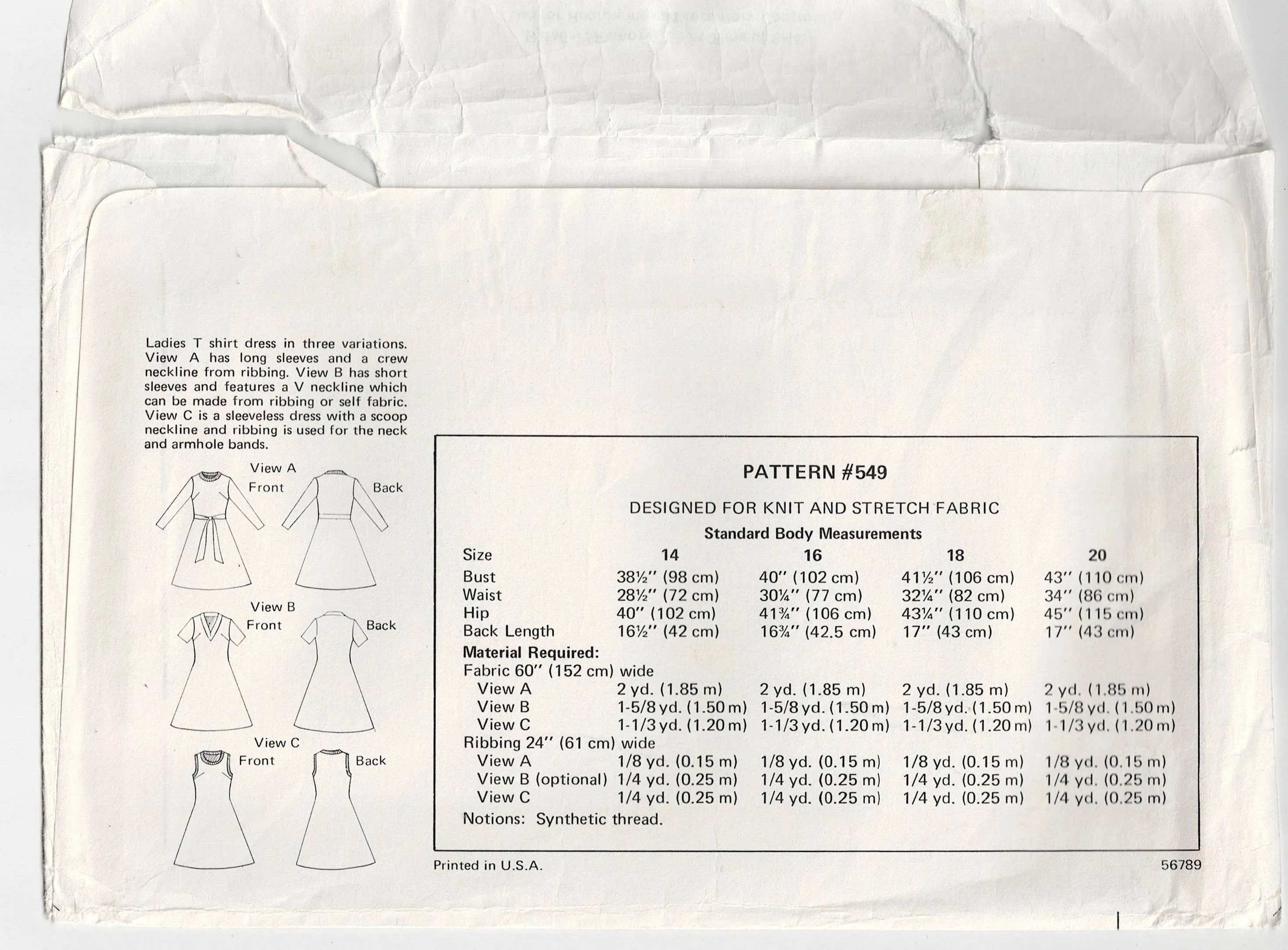 Kwik Sew 549 Womens Stretch T Shirt Dresses 1970s Vintage Sewing Pattern Bust 38 - 43 inches UNCUT Factory Folded
