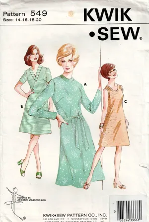Kwik Sew 549 Womens Stretch T Shirt Dresses 1970s Vintage Sewing Pattern Bust 38 - 43 inches UNCUT Factory Folded