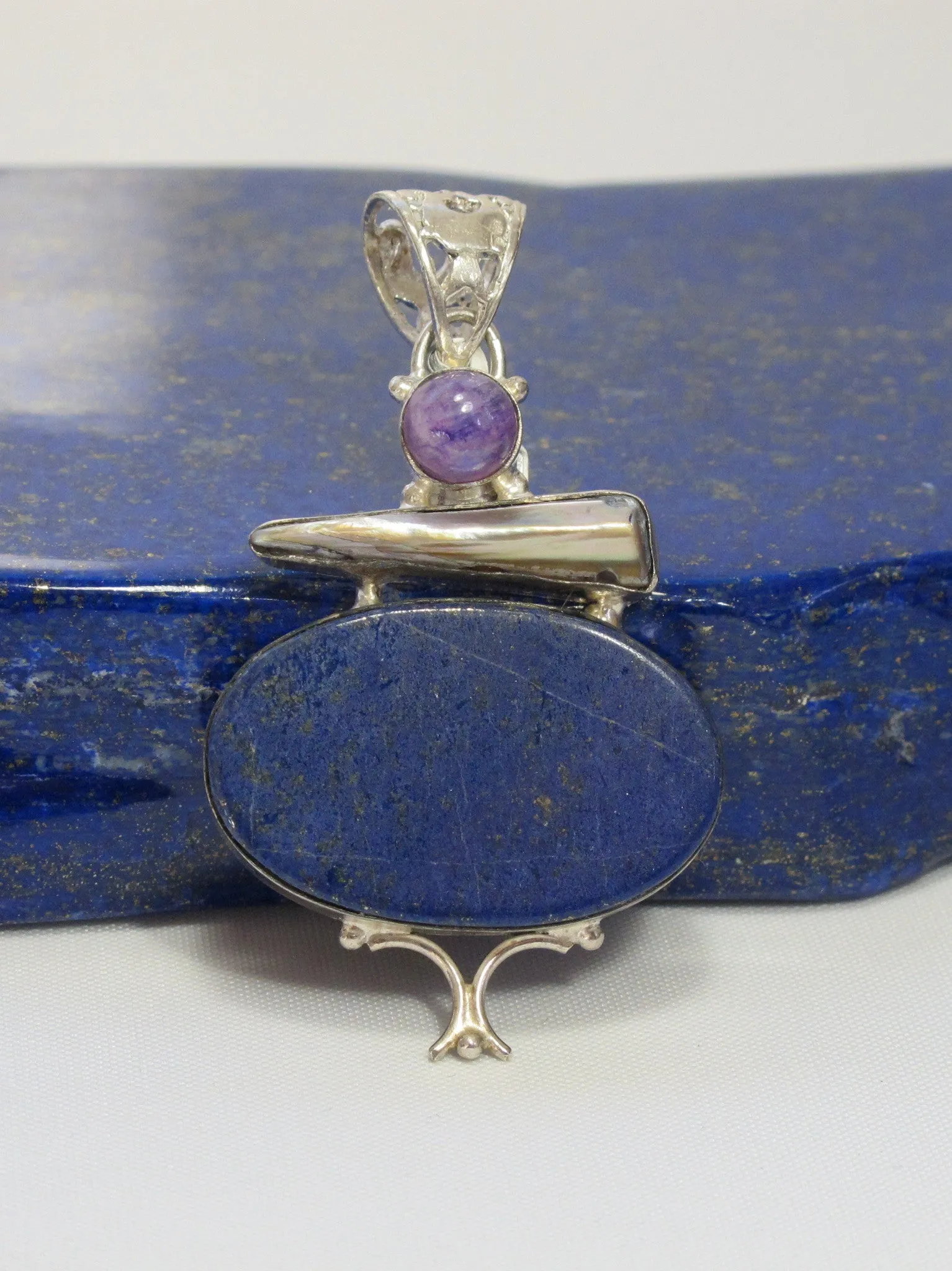 Lapis Pendant 6 with Pearl and Amethyst Quartz