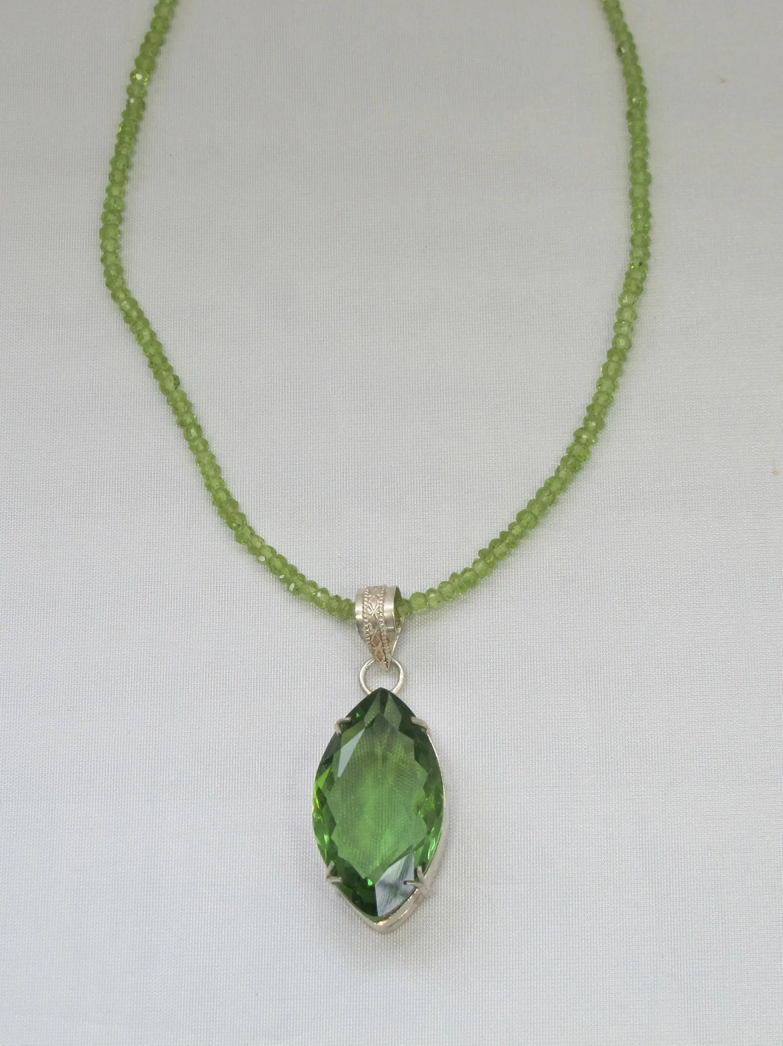 Large Marquis Peridot Quartz Pendant with beaded Peridot Necklace