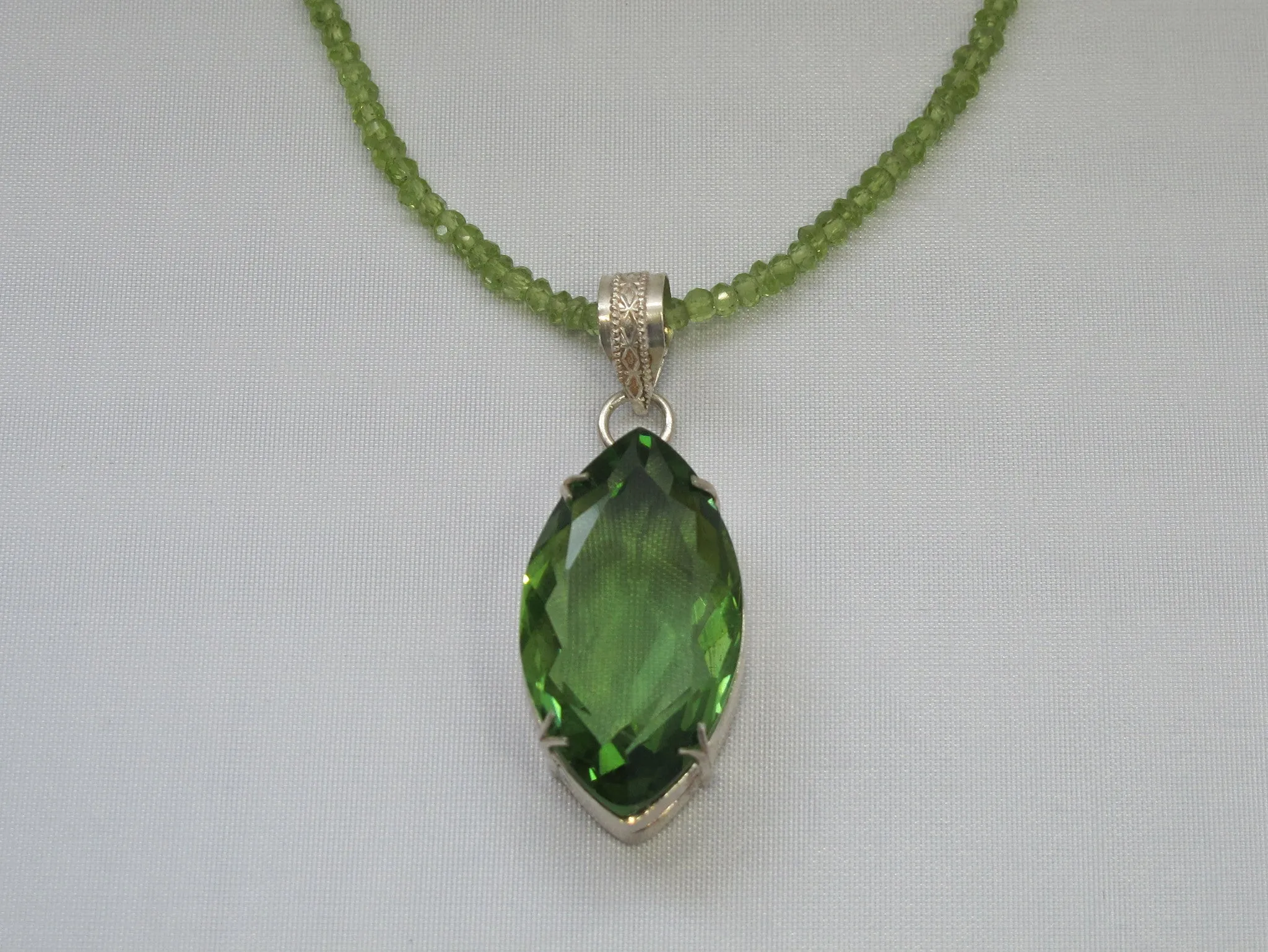 Large Marquis Peridot Quartz Pendant with beaded Peridot Necklace