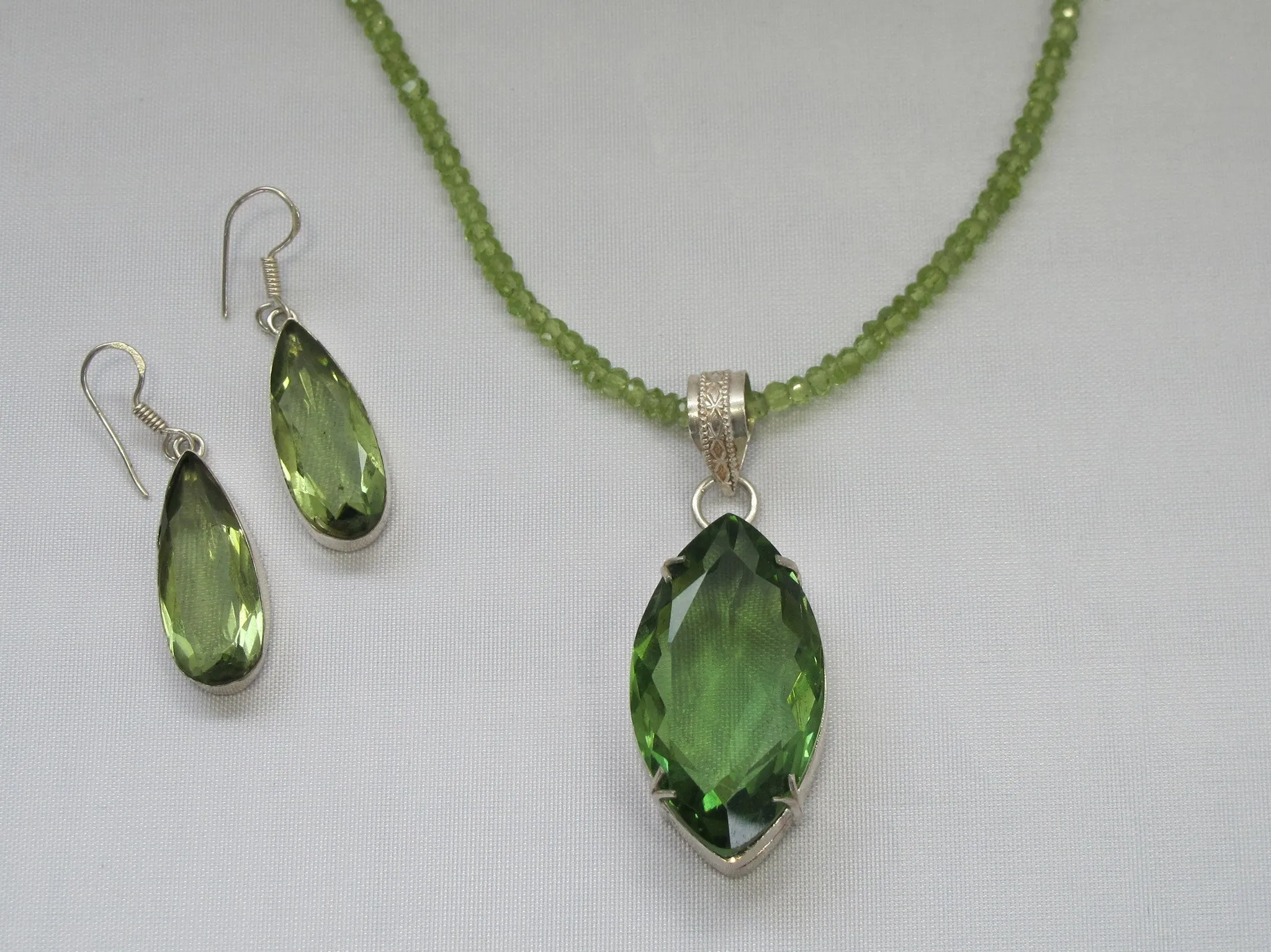 Large Marquis Peridot Quartz Pendant with beaded Peridot Necklace