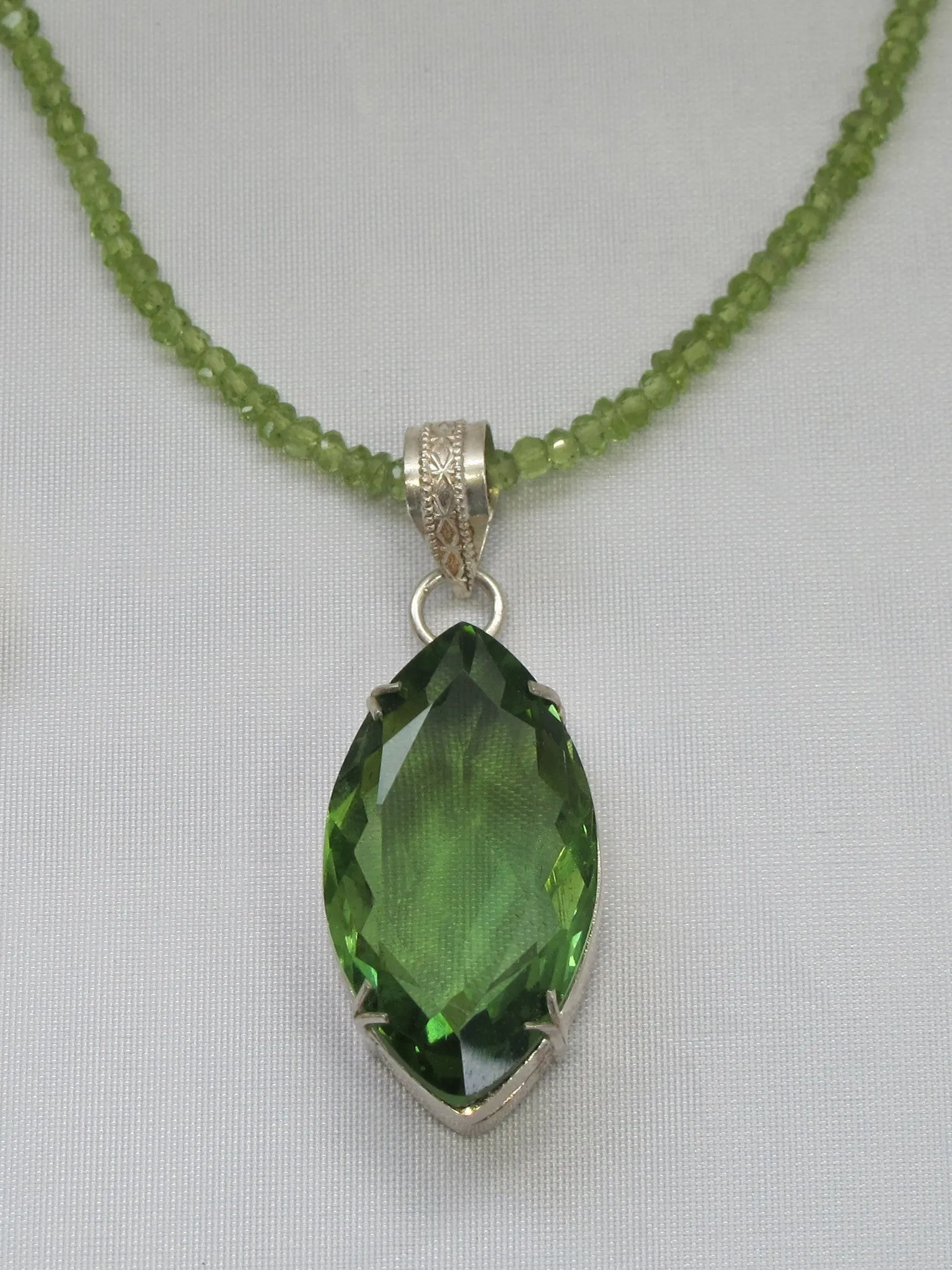 Large Marquis Peridot Quartz Pendant with beaded Peridot Necklace