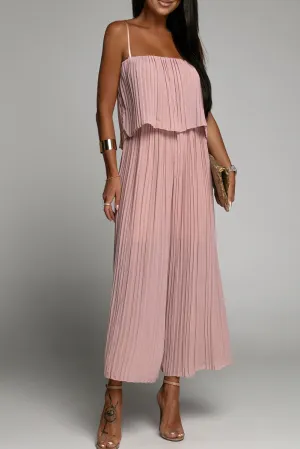 Light Pink Pleated Spaghetti Straps Overlay Wide Leg Jumpsuit