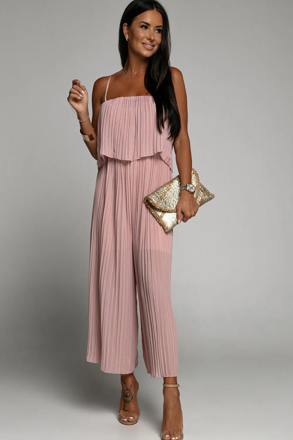 Light Pink Pleated Spaghetti Straps Overlay Wide Leg Jumpsuit