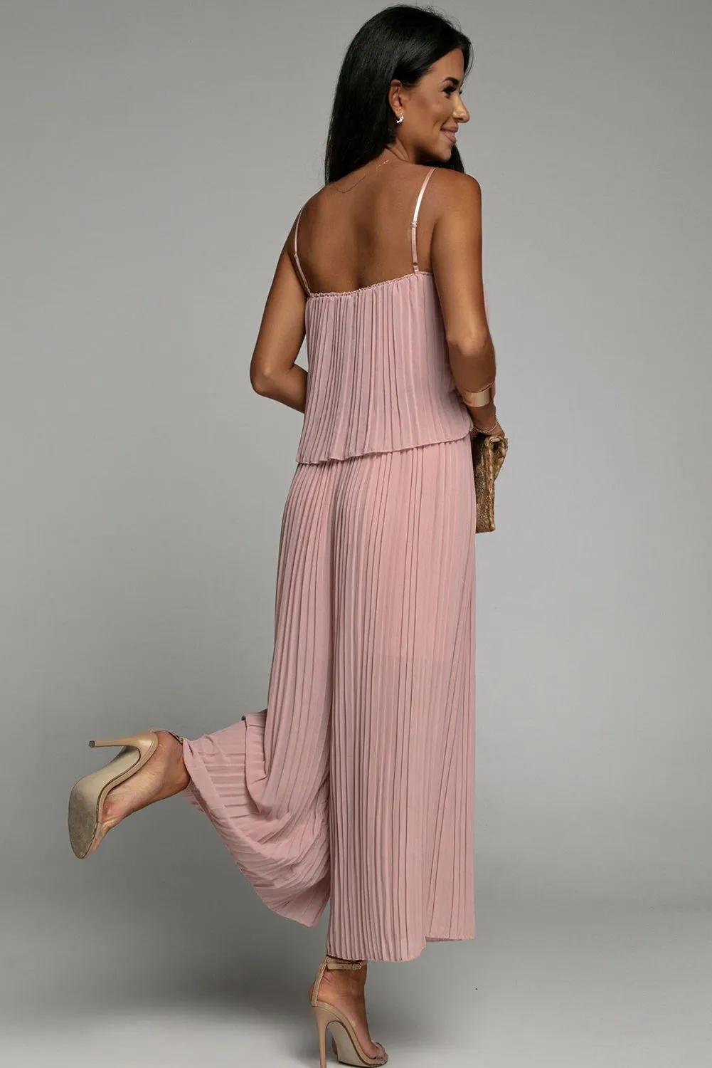 Light Pink Pleated Spaghetti Straps Overlay Wide Leg Jumpsuit
