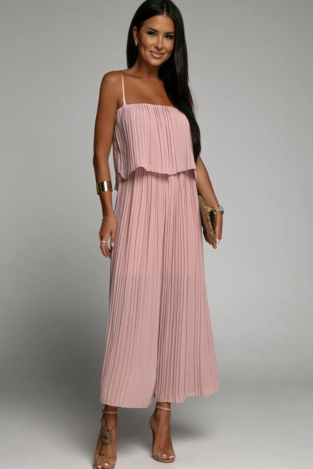 Light Pink Pleated Spaghetti Straps Overlay Wide Leg Jumpsuit