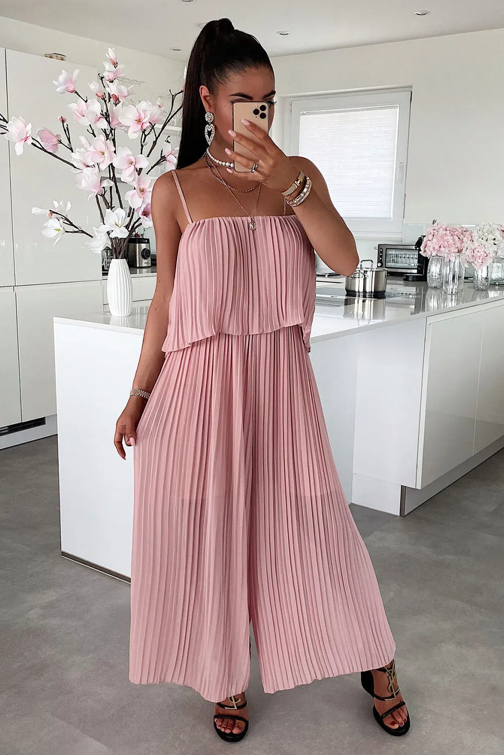 Light Pink Pleated Spaghetti Straps Overlay Wide Leg Jumpsuit