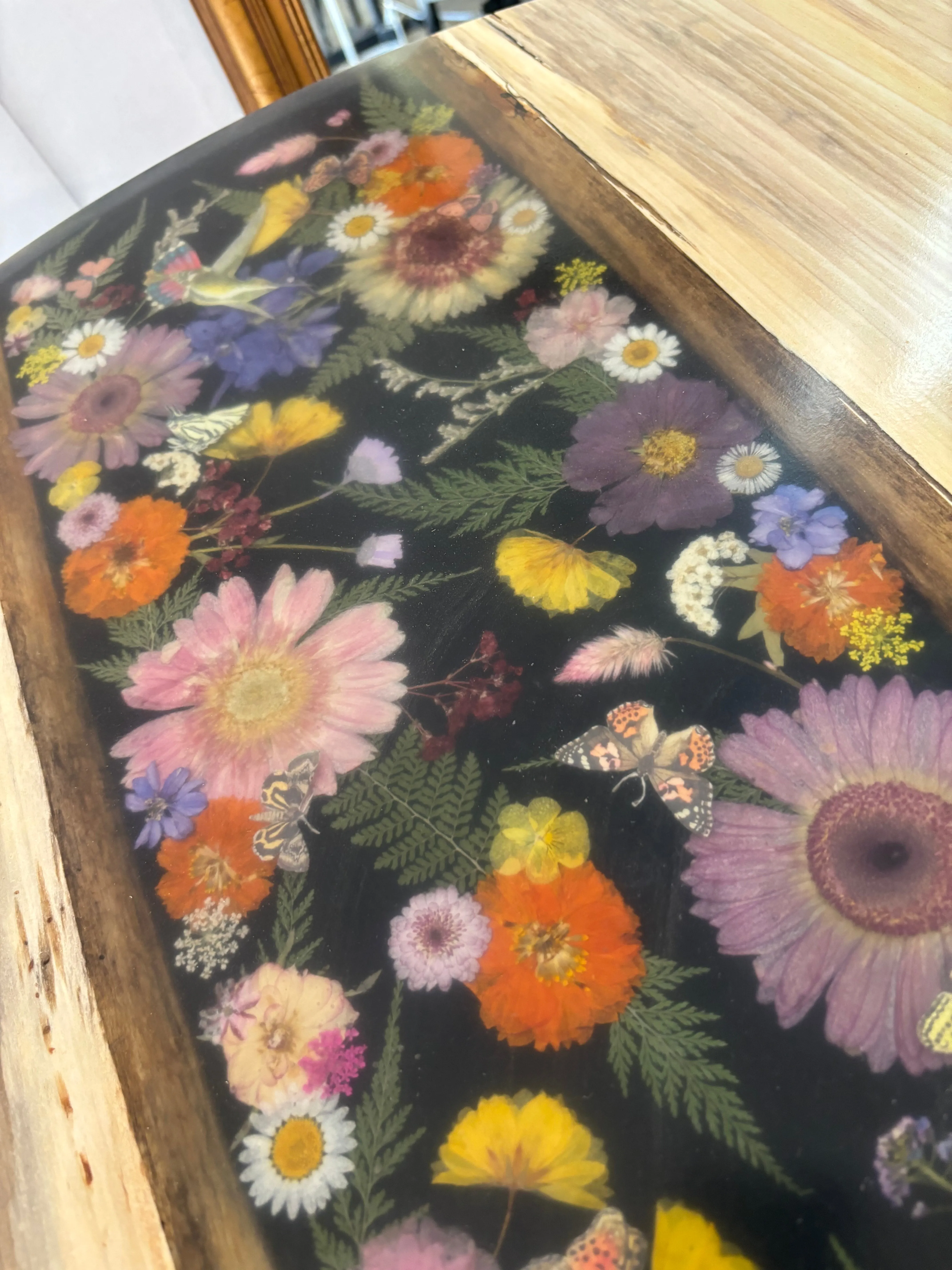 Live Edge Poplar Wood, Resin, and Dried Flower Bistro Table with Two Metal Chairs
