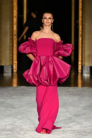 Luminous Pink Strapless Bubble Detail Gown