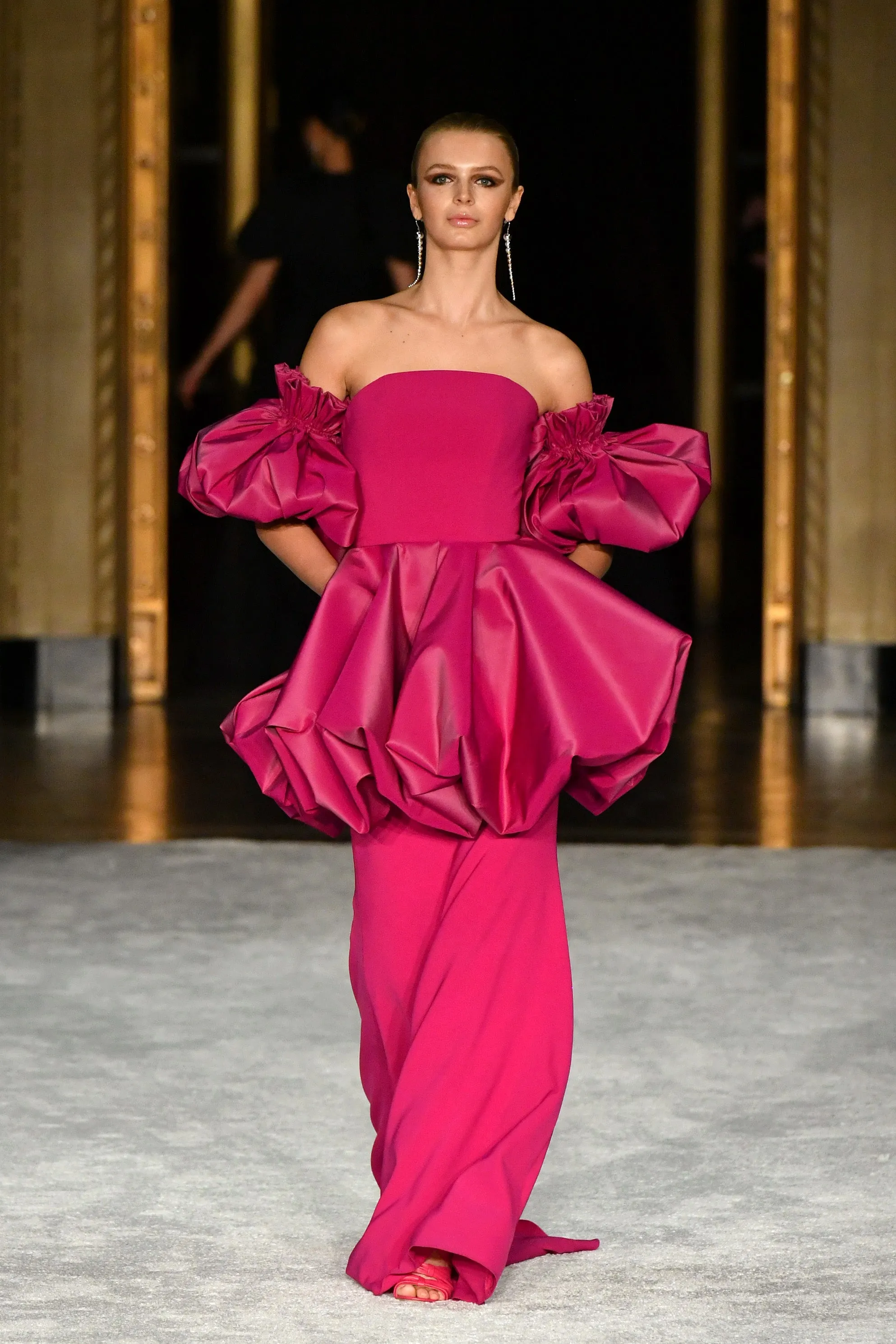Luminous Pink Strapless Bubble Detail Gown