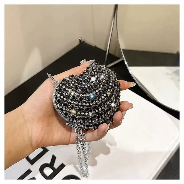 Luxury Mini Diamond Inlay Heart Shape Crystal Clutch Purse Stones Evening Wedding Party Shoulder Bag Handle Rhinestone Handbags