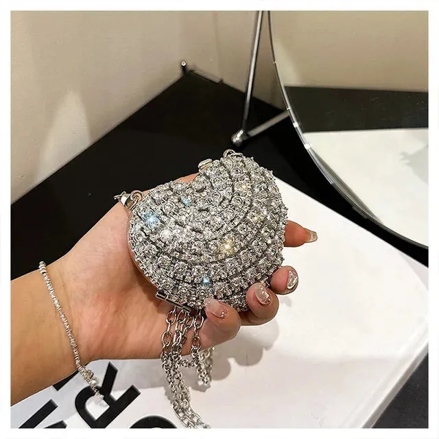 Luxury Mini Diamond Inlay Heart Shape Crystal Clutch Purse Stones Evening Wedding Party Shoulder Bag Handle Rhinestone Handbags